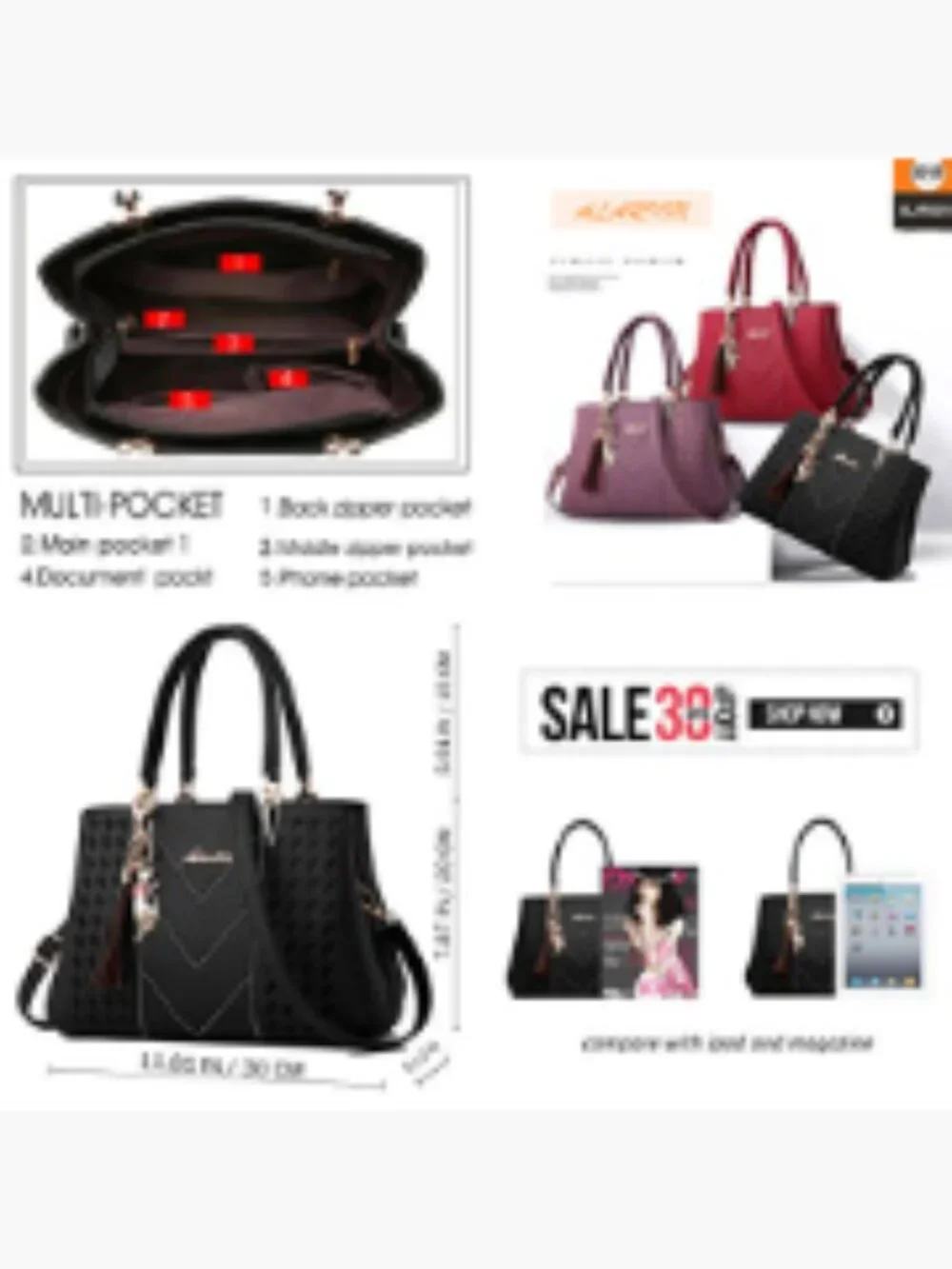 Faux Leather Satchel Tote Bag with Crossbody Strap, 7 Pockets, Medium Size